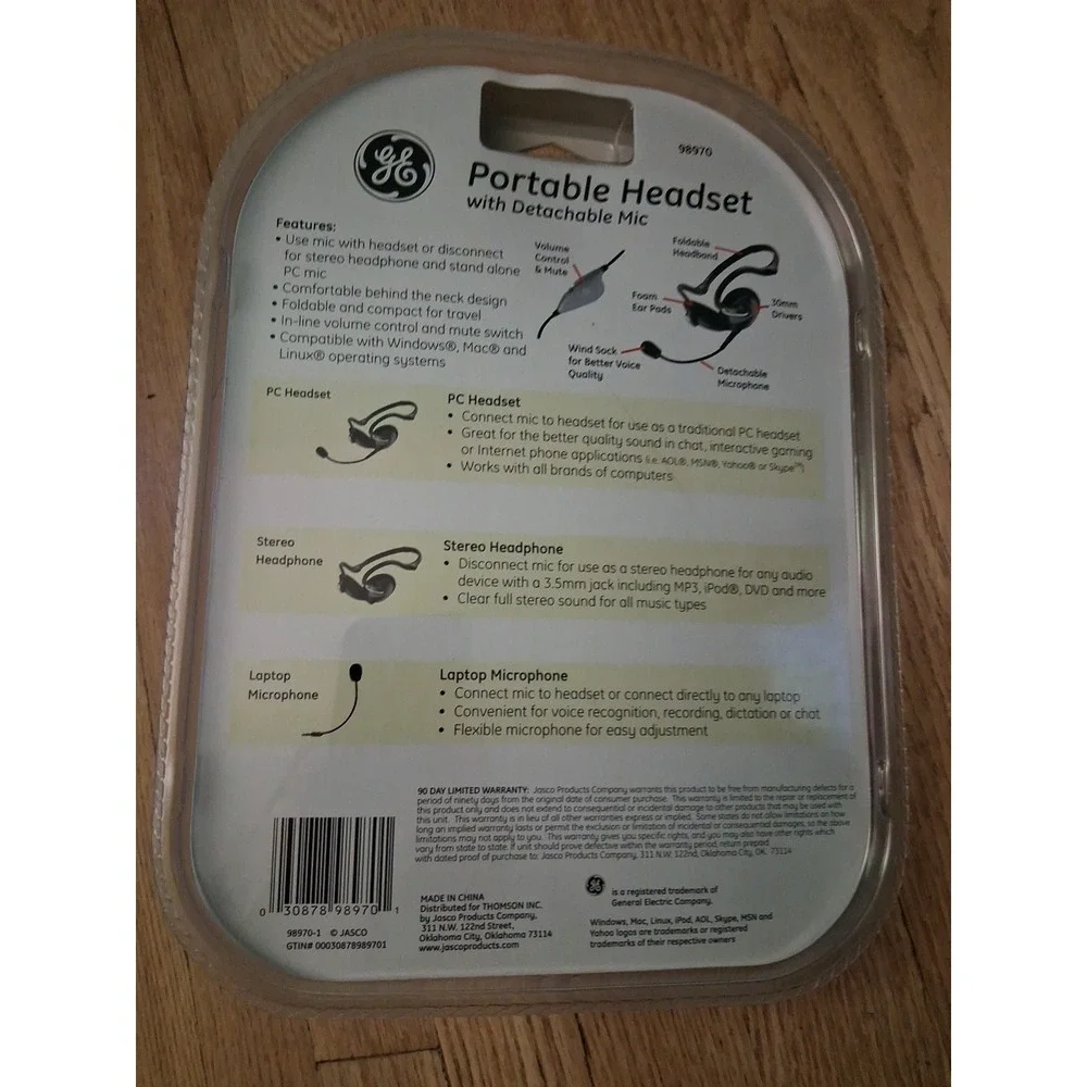 BRAND NEW GE Portable PC Headset With Detachable Microphone Brand 98970 GR6